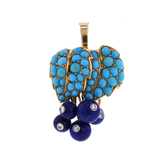 broche-pendentif-tendance-cartier-en-or-jaune-turquoise-et-lapis-lazuli