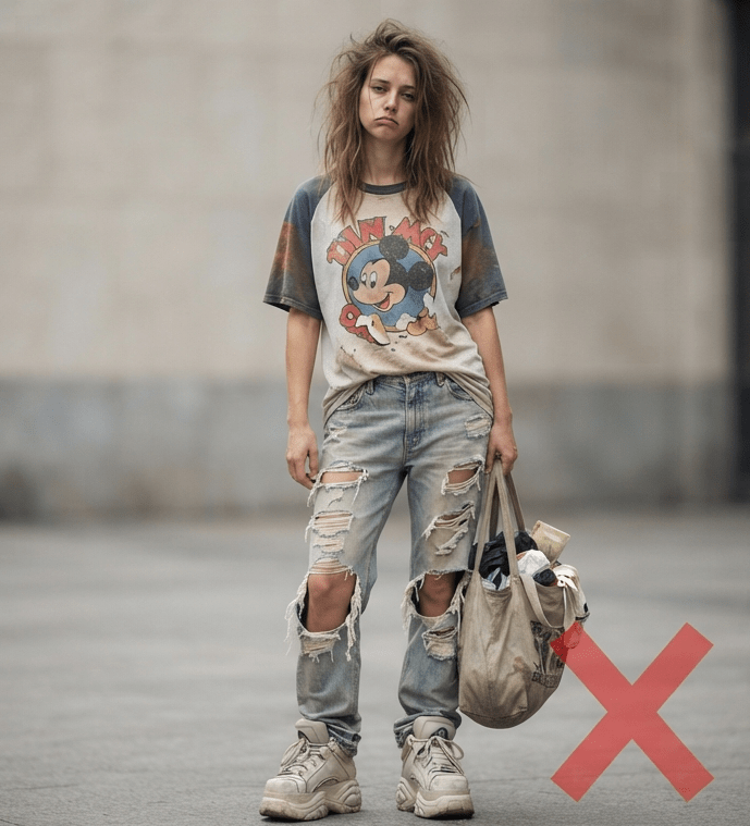 Les jeans déchirés  qui contrastent avec l'art du chi